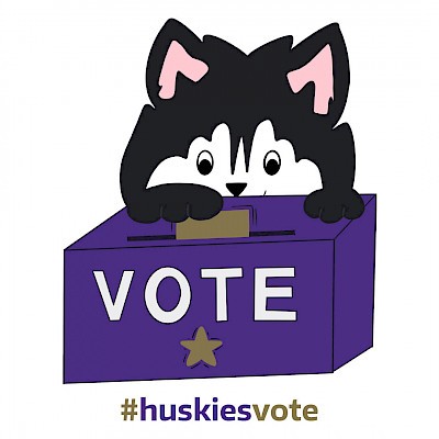 A cartoon-drawn dog drops a slip of paper into a box that is titled 'vote'